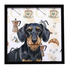 Wirehaired Black and Tan Dachshund Coffee Bar Framed Metal Print Bathroom, Kitchen, Office, Home Decor Wall Art Ready to Hang, Square, 8X8