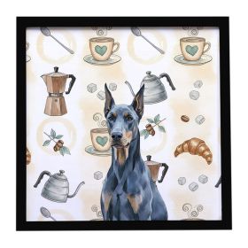 Blue Doberman Pinscher Coffee Bar Framed Metal Print Bathroom, Kitchen, Office, Home Decor Wall Art Ready to Hang, Square, 8X8