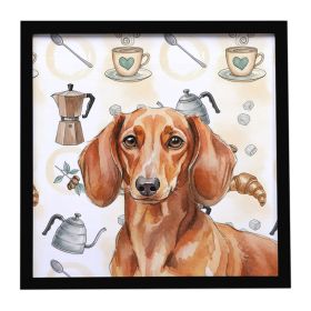 Red Brown Dachshund Coffee Bar Framed Metal Print Bathroom, Kitchen, Office, Home Decor Wall Art Ready to Hang, Square, 8X8
