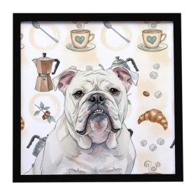 White English Bulldog Coffee Bar Framed Metal Print Bathroom, Kitchen, Office, Home Decor Wall Art Ready to Hang, Square, 8X8
